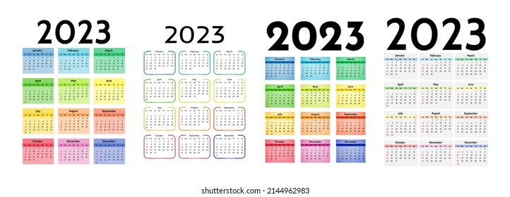 Conjunto de cuatro calendarios verticales para 2023 aislados en un fondo blanco. De domingo a lunes, plantilla de negocios. Ilustración del vector