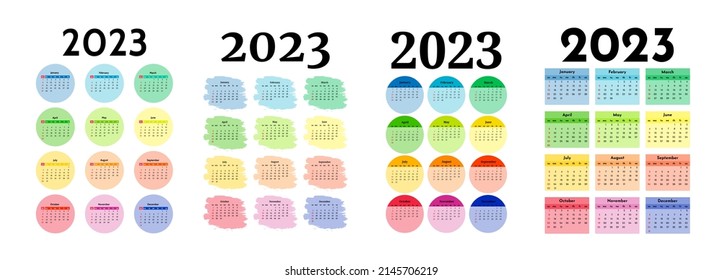 Conjunto de cuatro calendarios verticales para 2023 aislados en un fondo blanco. De domingo a lunes, plantilla de negocios. Ilustración del vector