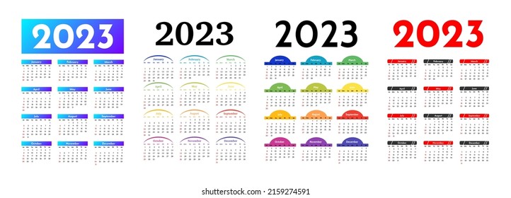 Set of four vertical calendars for 2023 isolated on a white background. Sunday to Monday, business template. Vector illustration