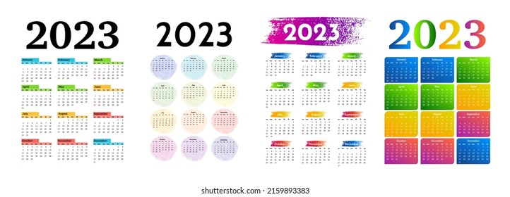 Conjunto de cuatro calendarios verticales para 2023 aislados en un fondo blanco. De domingo a lunes, plantilla de negocios. Ilustración del vector