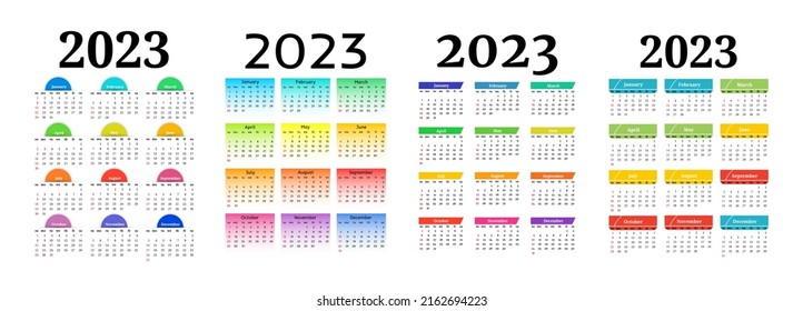 Conjunto de cuatro calendarios verticales para 2023 aislados en un fondo blanco. De domingo a lunes, plantilla de negocios. Ilustración del vector
