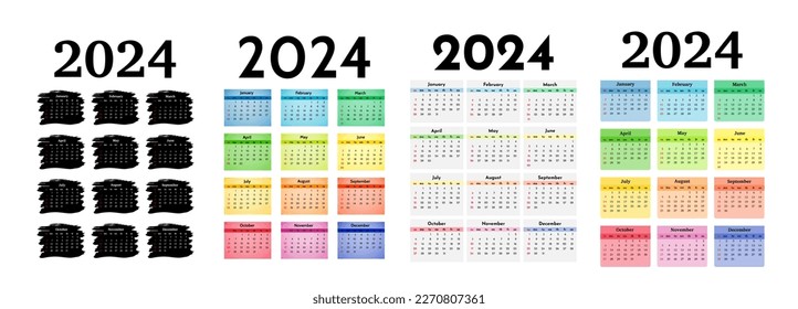 Set of four vertical calendars for 2024 isolated on a white background. Sunday to Monday, business template. Vector illustration