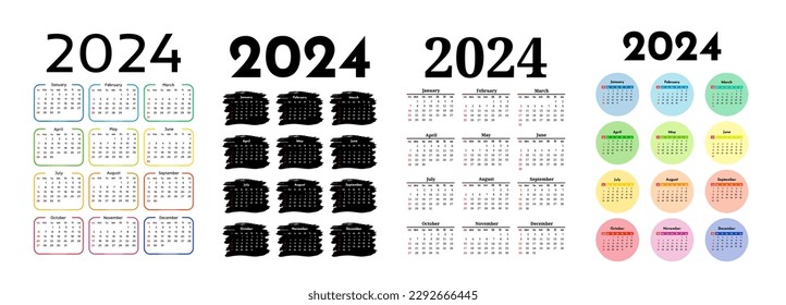 Set of four vertical calendars for 2024 isolated on a white background. Sunday to Monday, business template. Vector illustration