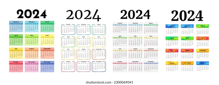 Set of four vertical calendars for 2024 isolated on a white background. Sunday to Monday, business template. Vector illustration