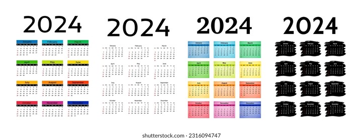 Conjunto de cuatro calendarios verticales para 2024 aislados en un fondo blanco. De domingo a lunes, plantilla de negocios. Ilustración del vector