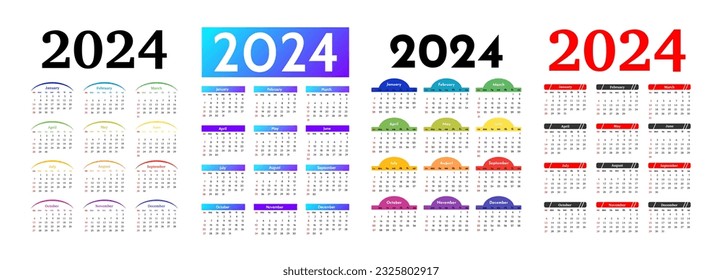 Set of four vertical calendars for 2024 isolated on a white background. Sunday to Monday, business template. Vector illustration