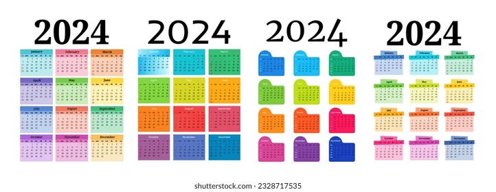 Set of four vertical calendars for 2024 isolated on a white background. Sunday to Monday, business template. Vector illustration
