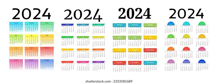 Set of four vertical calendars for 2024 isolated on a white background. Sunday to Monday, business template. Vector illustration