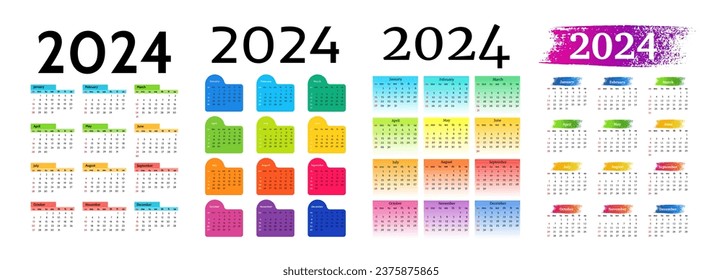 Set of four vertical calendars for 2024 isolated on a white background. Sunday to Monday, business template. Vector illustration