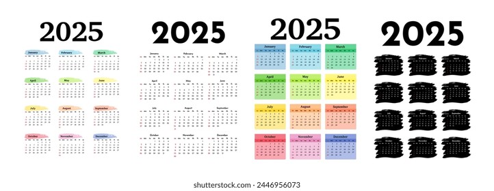 Set of four vertical calendars for 2025 isolated on a white background. Sunday to Monday, business template. Vector illustration