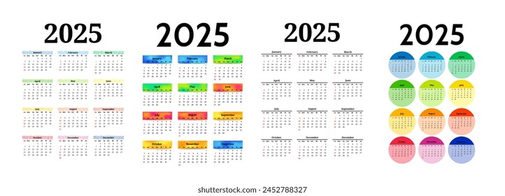 Set of four vertical calendars for 2025 isolated on a white background. Sunday to Monday, business template. Vector illustration