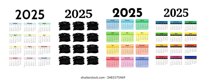 Set of four vertical calendars for 2025 isolated on a white background. Sunday to Monday, business template. Vector illustration