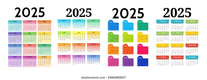 Set of four vertical calendars for 2025 isolated on a white background. Sunday to Monday, business template. Vector illustration