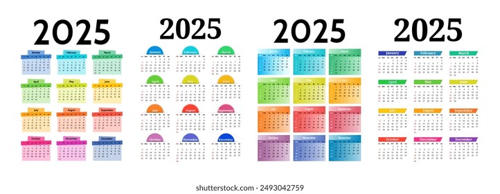 Set of four vertical calendars for 2025 isolated on a white background. Sunday to Monday, business template. Vector illustration