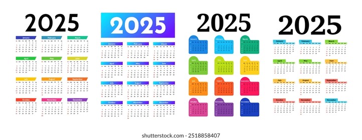 Conjunto de quatro calendários verticais para 2025 isolados sobre um fundo branco. De domingo a segunda-feira, modelo de negócios. Ilustração vetorial