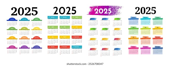 Conjunto de quatro calendários verticais para 2025 isolados sobre um fundo branco. De domingo a segunda-feira, modelo de negócios. Ilustração vetorial