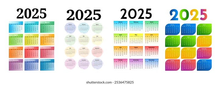 Conjunto de cuatro calendarios de Vertical para 2025 aislados sobre un fondo blanco. De domingo a lunes, Plantilla de negocios. Ilustración vectorial