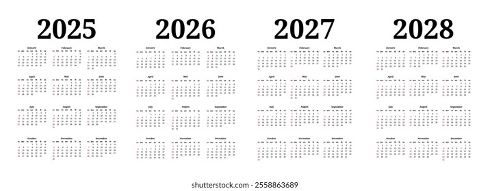 Set of four vertical calendars for 2025, 2026, 2027 and 2028 isolated on a white background. Sunday to Monday, business template. Vector illustration