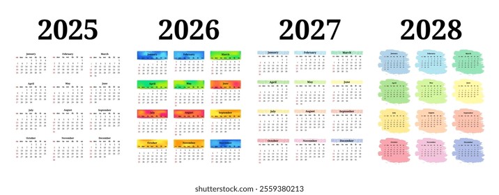 Set of four vertical calendars for 2025, 2026, 2027 and 2028 isolated on a white background. Sunday to Monday, business template. Vector illustration