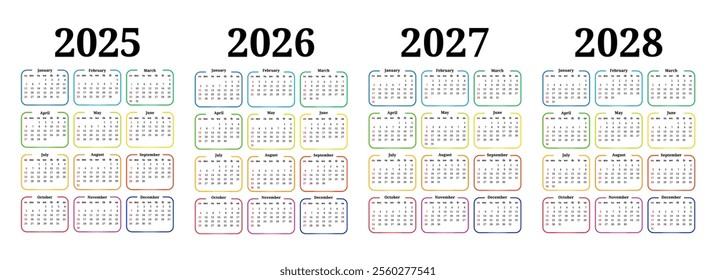 Set of four vertical calendars for 2025, 2026, 2027 and 2028 isolated on a white background. Sunday to Monday, business template. Vector illustration