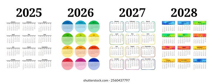 Set of four vertical calendars for 2025, 2026, 2027 and 2028 isolated on a white background. Sunday to Monday, business template. Vector illustration