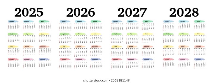 Set of four vertical calendars for 2025, 2026, 2027 and 2028 isolated on a white background. Sunday to Monday, business template. Vector illustration