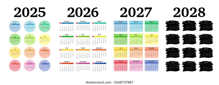 Set of four vertical calendars for 2025, 2026, 2027 and 2028 isolated on a white background. Sunday to Monday, business template. Vector illustration