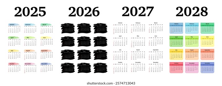 Set of four vertical calendars for 2025, 2026, 2027 and 2028 isolated on a white background. Sunday to Monday, business template. Vector illustration