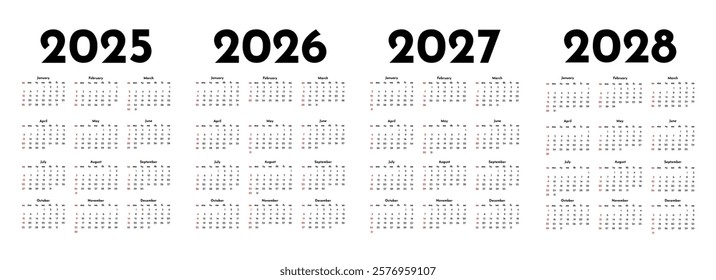 Set of four vertical calendars for 2025, 2026, 2027 and 2028 isolated on a white background. Sunday to Monday, business template. Vector illustration