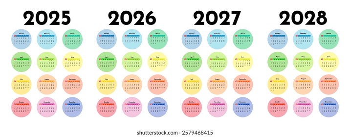 Set of four vertical calendars for 2025, 2026, 2027 and 2028 isolated on a white background. Sunday to Monday, business template. Vector illustration