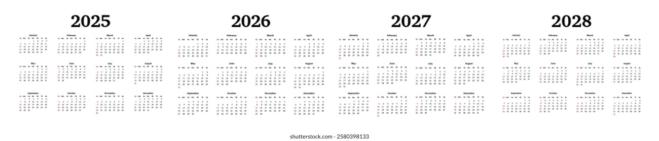 Set of four vertical calendars for 2025, 2026, 2027 and 2028 isolated on a white background. Sunday to Monday, business template. Vector illustration
