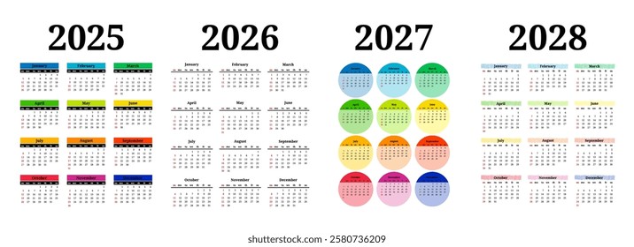 Set of four vertical calendars for 2025, 2026, 2027 and 2028 isolated on a white background. Sunday to Monday, business template. Vector illustration