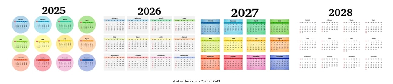 Set of four vertical calendars for 2025, 2026, 2027 and 2028 isolated on a white background. Sunday to Monday, business template. Vector illustration