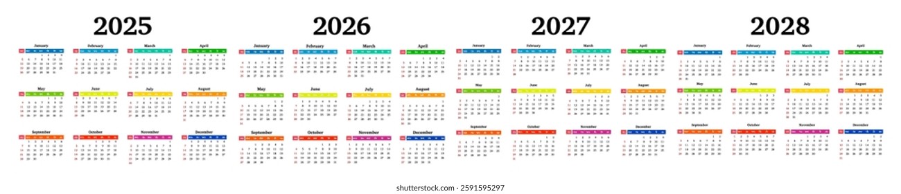 Set of four vertical calendars for 2025, 2026, 2027 and 2028 isolated on a white background. Sunday to Monday, business template. Vector illustration