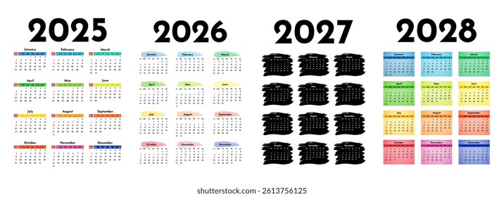 Set of four vertical calendars for 2025, 2026, 2027 and 2028 isolated on a white background. Sunday to Monday, business template. Vector illustration