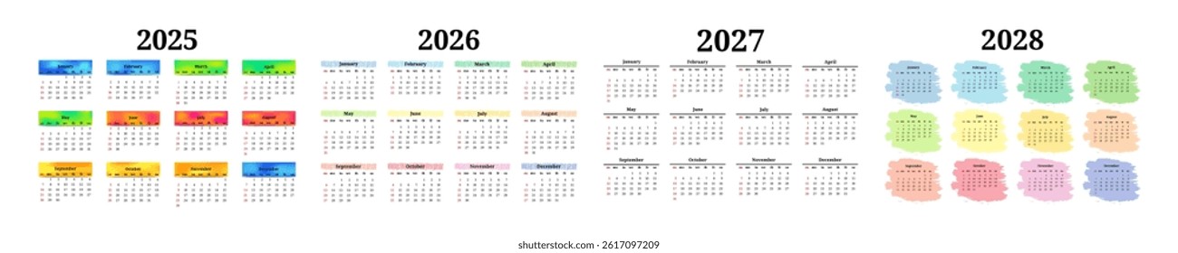 Set of four vertical calendars for 2025, 2026, 2027 and 2028 isolated on a white background. Sunday to Monday, business template. Vector illustration
