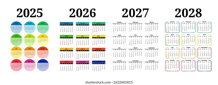 Conjunto de cuatro calendarios de Vertical para 2025, 2026, 2027 y 2028 aislados sobre un fondo blanco. De domingo a lunes, Plantilla de negocios. Ilustración vectorial
