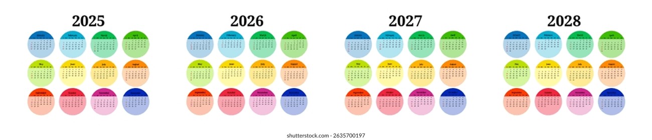 Set of four vertical calendars for 2025, 2026, 2027 and 2028 isolated on a white background. Sunday to Monday, business template. Vector illustration