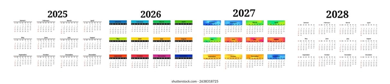 Set of four vertical calendars for 2025, 2026, 2027 and 2028 isolated on a white background. Sunday to Monday, business template. Vector illustration