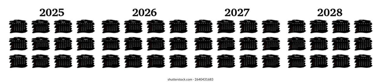 Set of four vertical calendars for 2025, 2026, 2027 and 2028 isolated on a white background. Sunday to Monday, business template. Vector illustration