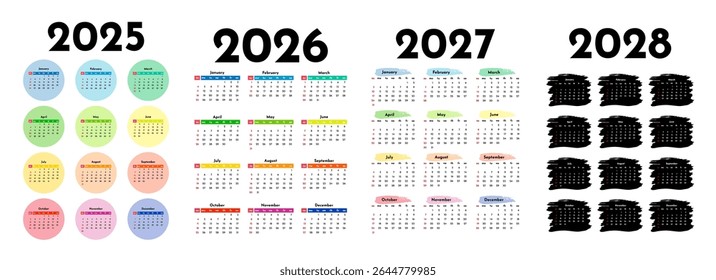 Set of four vertical calendars for 2025, 2026, 2027 and 2028 isolated on a white background. Sunday to Monday, business template. Vector illustration