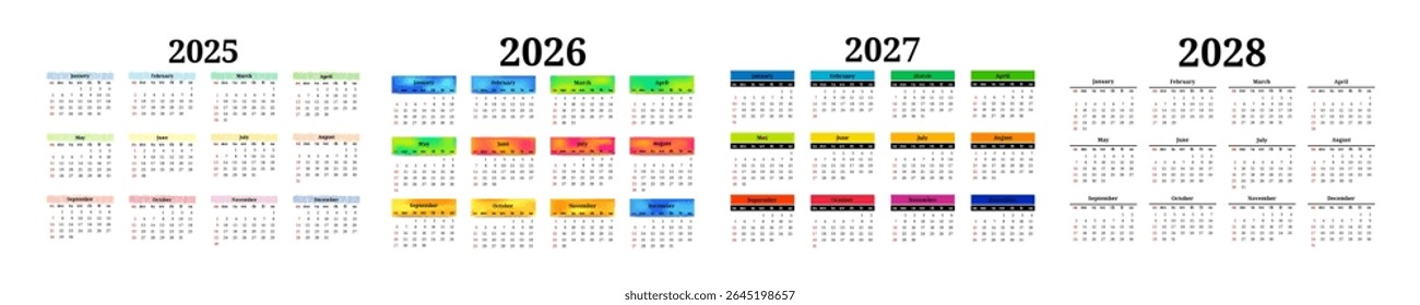 Set of four vertical calendars for 2025, 2026, 2027 and 2028 isolated on a white background. Sunday to Monday, business template. Vector illustration