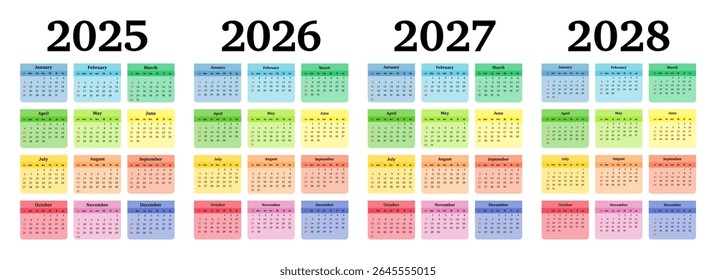 Set of four vertical calendars for 2025, 2026, 2027 and 2028 isolated on a white background. Sunday to Monday, business template. Vector illustration