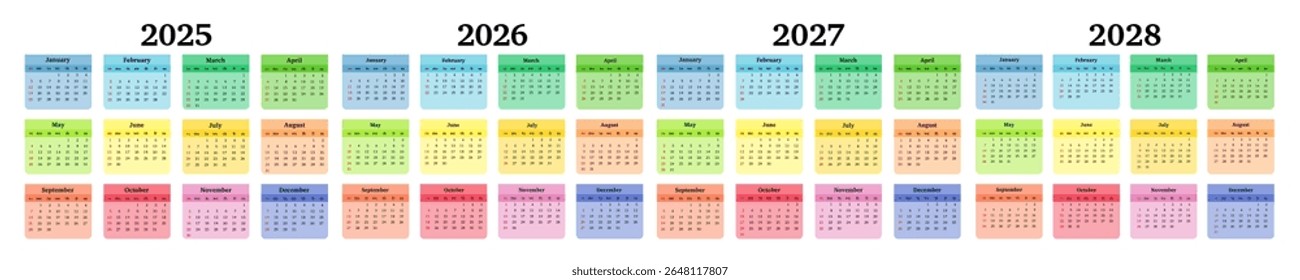 Set of four vertical calendars for 2025, 2026, 2027 and 2028 isolated on a white background. Sunday to Monday, business template. Vector illustration
