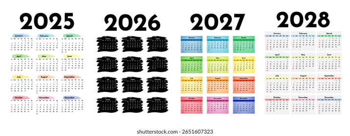 Conjunto de quatro calendários verticais para 2025, 2026, 2027 e 2028 isolados sobre um fundo branco. De domingo a segunda-feira, modelo de negócios. Ilustração vetorial