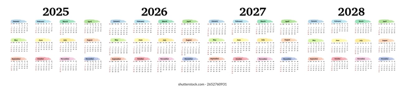 Conjunto de quatro calendários verticais para 2025, 2026, 2027 e 2028 isolados sobre um fundo branco. De domingo a segunda-feira, modelo de negócios. Ilustração vetorial