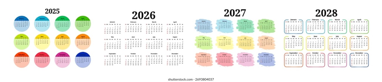 Set of four vertical calendars for 2025, 2026, 2027 and 2028 isolated on a white background. Sunday to Monday, business template. Vector illustration