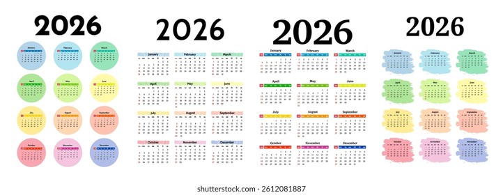 Set of four vertical calendars for 2026 isolated on a white background. Sunday to Monday, business template. Vector illustration