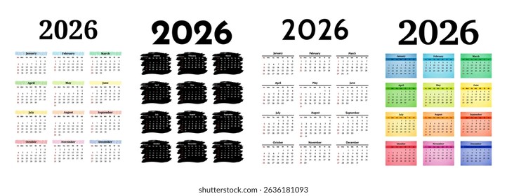 Set of four vertical calendars for 2026 isolated on a white background. Sunday to Monday, business template. Vector illustration