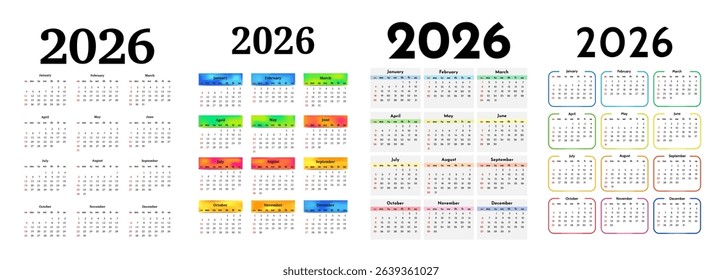 Set of four vertical calendars for 2026 isolated on a white background. Sunday to Monday, business template. Vector illustration